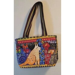 Laurel Burch Cloth Tote Shoulder Bag Cats Dogs Sequins Yellow Orange Blue